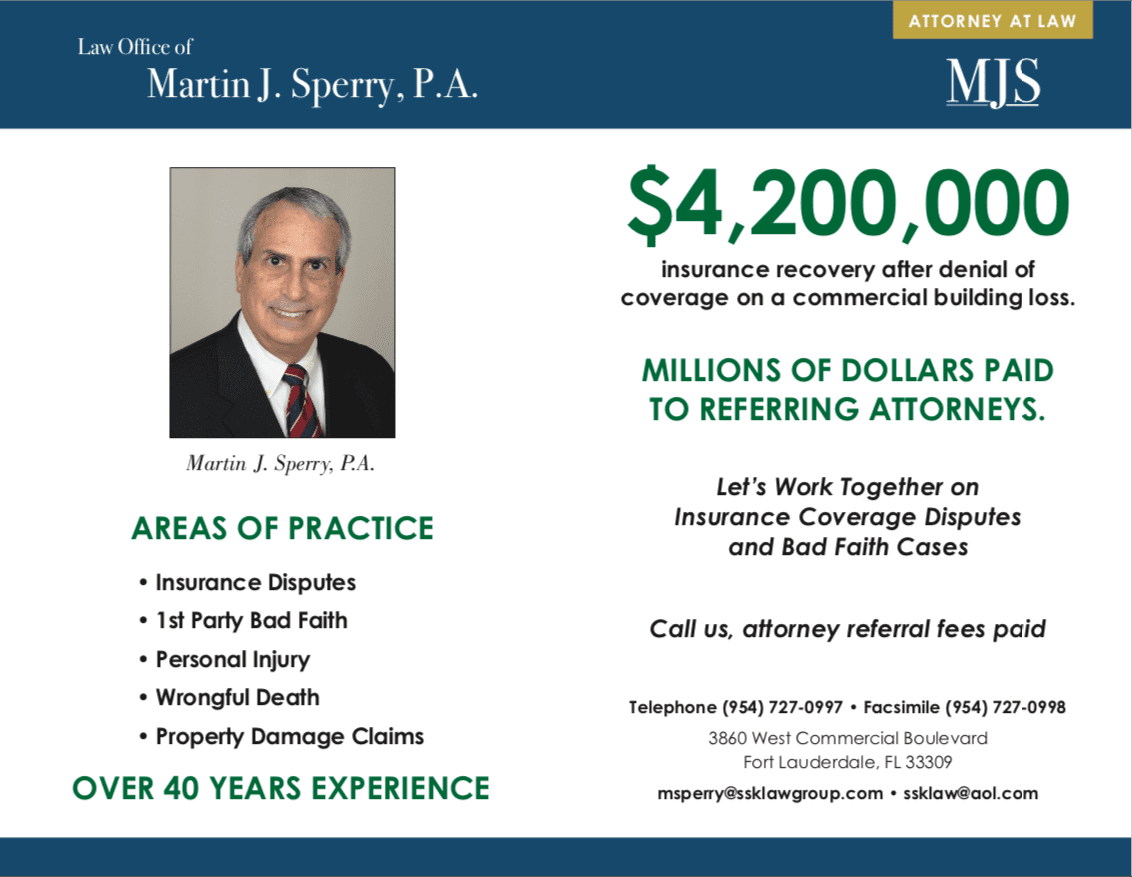 Online brochure showing a picture of Martin J. Sperry, P.A.; areas of practice; 40+ years of experience; and millions of dollars paid to referring attorneys. Phone, address, and email addresses are included.
